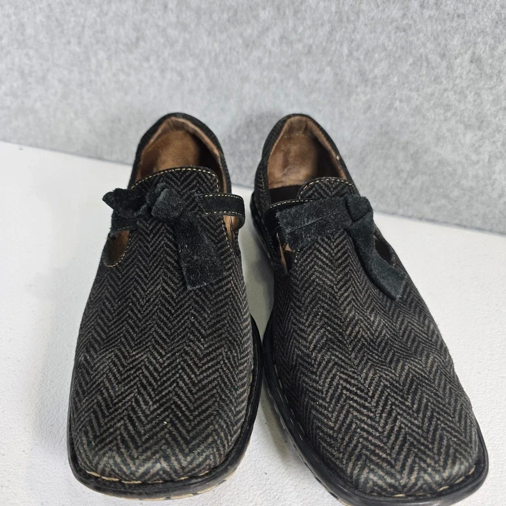 Born W4523 Herringbone Mary Jane Flats Black Grey Leather Suede Tie Womens 7 38